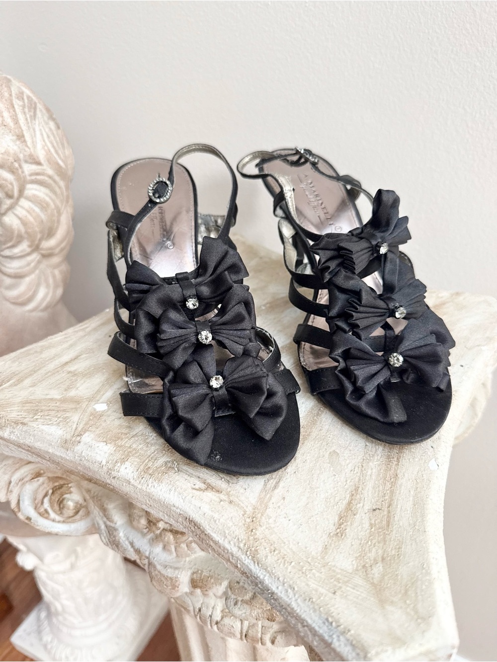 A. Marinelli “Special Effects” Black Satin Rhinestone Bow Heels Sandals